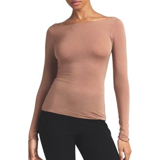 SKIMS Sheer Modal Blend Long Sleeve Boat Neck Top in Sienna at Nordstrom, Size Xx-Small Regular