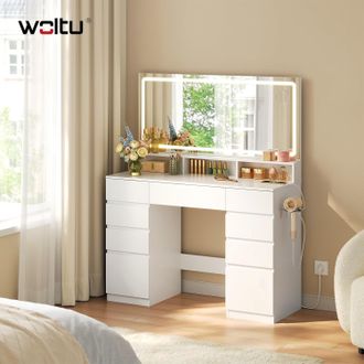 Woltu Woltu Tocador Con Espejo De Aumento 5x, 9 Cajones, Luz Led De 3 Colores, Escritorio De Maquillaje Para Ni&ntilde;as, Blanco