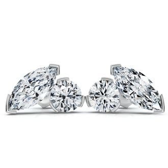 Pompeii3 2Ct Toi Et Moi Round & Marquise Diamond Earrings 14k Gold 18 Lab Grown