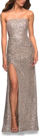 La Femme Strapless Ruched Sequin Gown in Gorgeous Colors in Silver at Nordstrom, Size 10