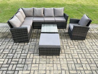 Fimous Rattan Garden Furniture Set Outdoor Lounge Corner Sofa Set With Square Coffee Table Big Footstool Armchair 8 Seater in Dark Grey