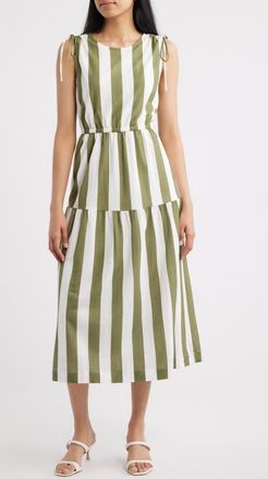 Bobeau Stripe Sleeveless Midi Dress in Sphagnum/ivory Stripe at Nordstrom, Size X-Large