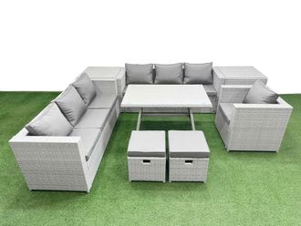 Fimous 9-seater Patio 3 Seater Sofa Armchair Set with 2 Side Tables 2 Stools in Light Grey