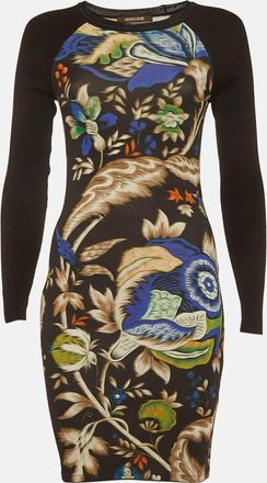 Roberto Cavalli Blue Printed Jersey And Rib Knit Mini Dress