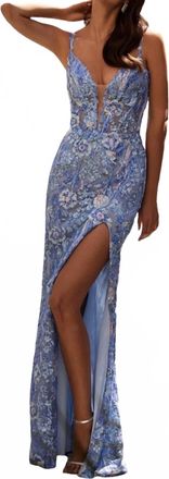La Femme Print Sequin Dress In Cloud Blue