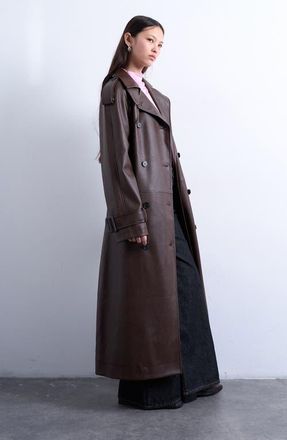 Topshop Pebble Faux Leather Trench Coat in Brown at Nordstrom, Size X-Small