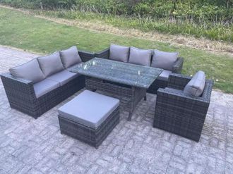 Fimous 8 Seater Outdoor Lounge Sofa Garden Furniture Set Patio Rattan Rectangular Dining Table Chair in Dark Grey