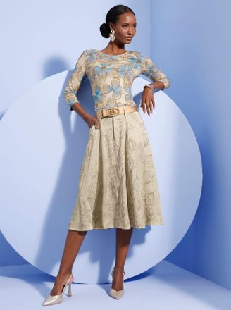 Cr&eacute;ation L Rundhalsshirt CREATION L Shirt, Damen, Gr. 36, sand, bleu, bedruckt, 95% Viskose, 5% Elasthan, gebl&uuml;mt, gemustert, mehrfarbig, Rundhals, Shirts Rundha