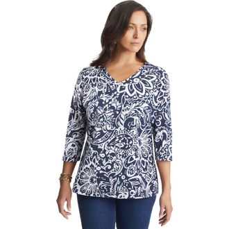 Jessica London Stretch Cotton V-Neck Tee in Navy Scroll Medallion at Nordstrom, Size 12