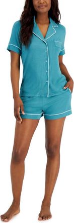 Alfani Notch Collar & Shorts Pajama Set In Green/blue