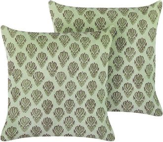 Beliani Conjunto De 2 Cojines De Terciopelo Verde 45 X 45 Cm Floral Bloque Impreso Rungia