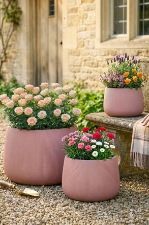 Dibor Set of 3 Terracotta Symmetry Stripe Fibre Clay Indoor Outdoor Garden Planters | Size: Large