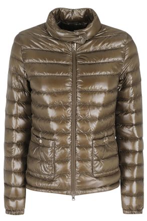 Herno Green Round Neck Button-Patch Zip-Front Polyamide Down Jacket