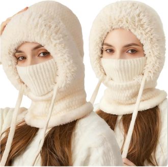 Generic 3 In 1 Beanie Hat With Scarf And Mask,WomenS Outdoors Windproof Scarf Hat,Warm Winter Balaclava Knitted Mask Cap For Women Sherpa Hood Ski Masks, Fall