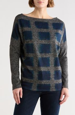 Go Couture Boat Neck Dolman Sleeve Sweater in Charcoal/Blue Print at Nordstrom Rack, Size X-Large