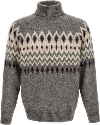 Brunello Cucinelli Grey Patterned Turtleneck Knit Sweater, Brand Size 52 (US Size 42)