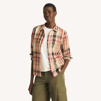 Nautica Womens Crinkle Plaid Roll-Tab Shirt