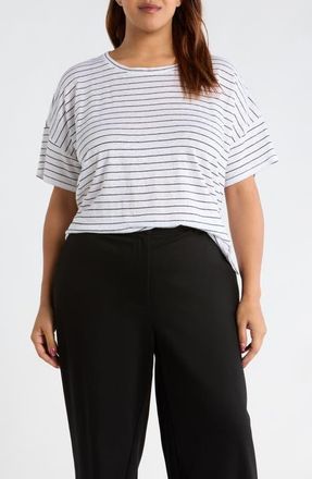 Eileen Fisher Boxy Organic Linen Slub T-Shirt in White/Black at Nordstrom, Size 2X