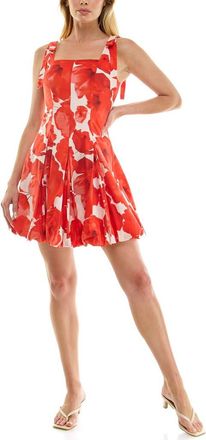 Socialite Floral Tie Strap Bubble Hem Stretch Cotton Minidress in Ivory Red Poppy at Nordstrom, Size X-Large