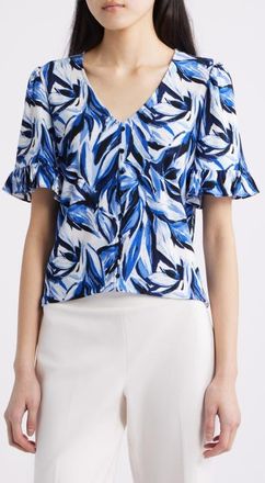 Anne Klein Ruffle Accent Short Sleeve Button-Up Shirt in Anne Black Multi at Nordstrom, Size X-Large