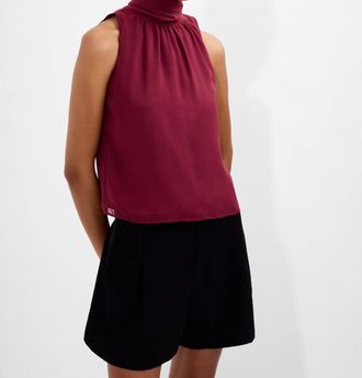 French Connection Marina Chiffon Sleeveless Bow Top In Cabernet