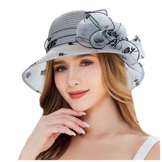 Generic Women Oganza Summer Sun Hats Floral Beach Church Hat Elegant Ascot Race Derby Hat Cocktail Wedding Black Bowknot Gauze Cap for Bride Party Grey One Si