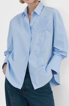 Mango Embroidered Floral Button-Up Shirt in Sky Blue at Nordstrom, Size 6