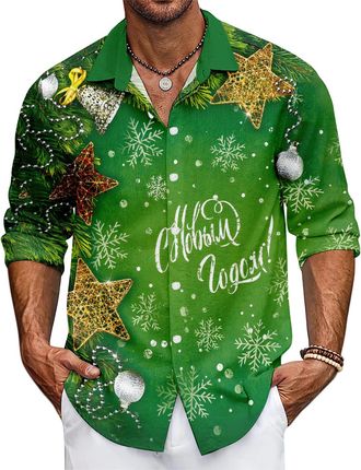 Generic Mens Christmas Shirt Xmas Holiday Party Dress Shirts Long Sleeve Snow Print Christmas Tree Shirt (UK, Alpha, 4XL, Regular, Regular, 19)