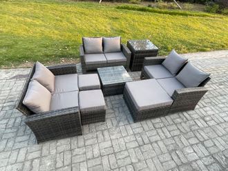 Fimous Outdoor Lounge Sofa Set Wicker PE Rattan Garden Furniture Set with Square Coffee Table 3 Footstools Side Table in Dark Grey