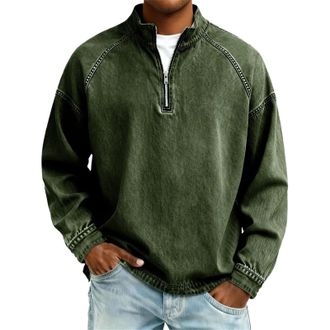 Generic DENGJIAMY Mens Quarter Zip Pullover Fashion Collar Denim Shirt Long Sleeve Classic Casual Jean Tops Winter Tops Plus Size Vintage Sweatshirt (Army Gre