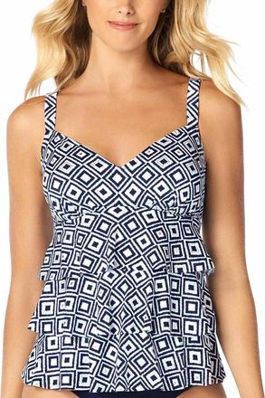 Swim Solutions Double Play Metallic Print Tiered Tankini Top In Navy/white