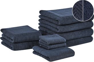 Beliani Beliani - Conjunto De 9 Toallas De Algod&oacute;n Azul Oscuro Chevron Textura Suave Ba&ntilde;o Mitiaro