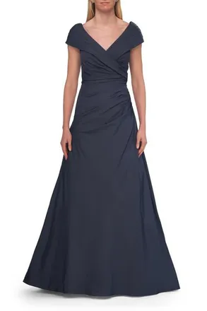 La Femme Off-the-Shoulder Stretch Taffeta A-Line Gown in Dark Blue at Nordstrom, Size 20