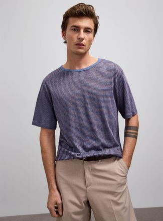 Le 31 Mens Twin-stripe 100% linen jersey T-shirt Comfort fit