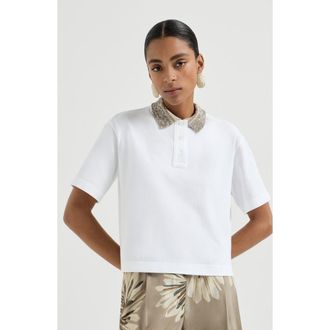 Brunello Cucinelli Polo with dazzling knit collar in White at Nordstrom, Size Xx-Small Eu