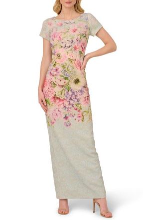 Adrianna Papell Floral Jacquard Metallic Matelasse Column Gown in Blue Multi at Nordstrom, Size 10