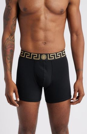 Versace Greek Key Jersey Boxer Briefs in Black Gold Greek Key at Nordstrom, Size 4