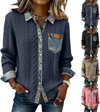 Generic Denim Sweater for Women Collar Button Up Patchwork Denim Pullover Shirt Vintage Waffle Knit Jean Sweater Casual Wear Blouses Casual Long Sleeve Jumper