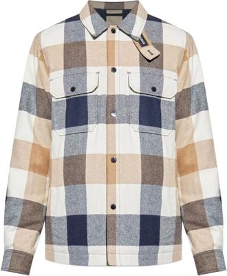 Woolrich Casual Shirts, male, Multicolor, S, Check Pattern Beige Coat with Logo
