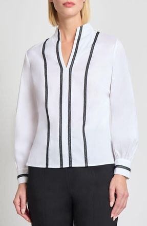Misook Heritage Fit Ribbon Trim Cotton Blend Top in Black/White at Nordstrom, Size Xx-Small