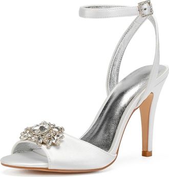 Generic Wedding Bridal Heels Womens Ankle Strap Open Toe Stiletto High Heels Satin Heeled Sandals for Prom, Party, Daily 10.5Cm,Ivory,8 UK