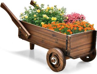 Costway Costway - Carretilla Jard&iacute;n De Madera De Flores, Carrito De Madera Maceta Con Ruedas, Asas, Orificio De Drenaje, Soporte Para Macetas De Flores, Macet