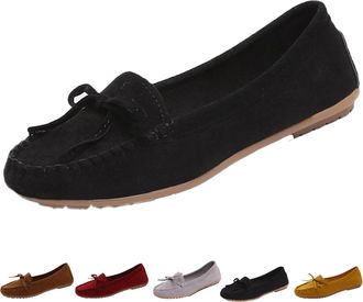Generic Womens Faux Suede Orthopedic Flat Shoes with Bow, Outdoor Slip on Driving Moccasins, Business Casual Penny Loafers (Black,5.5)