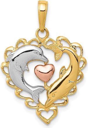 Diamond2Deal 14k Two-tone Gold White Rhodium Dolphins In Heart Pendant