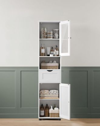 Vasagle Tall Slim Bathroom Cabinet with Glass Door & Open Shelf in White