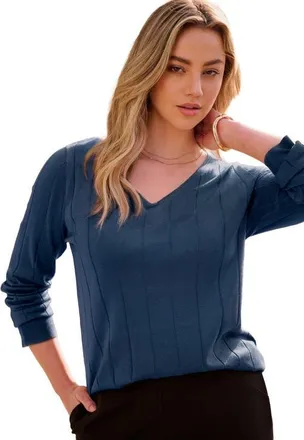 Roaman's Plus Size Drop Needle V Neck Lightweight Sweater Knit in Navy at Nordstrom, Size Medium