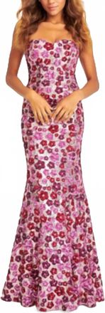 Faviana Strapless Sequin Mermaid Dress With Colorful Floral Design In Pink