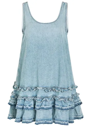 Ganni Frill Denim Mini Dress - Light Blue - 38 (UK10 / S)