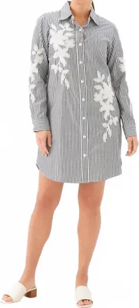 Karen Kane Roll-Tab Stripe Embroidered Shirtdress In Black With Off White