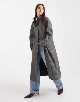 Asos Cappotto taglio lungo con motivo a spina di pesce-Nero